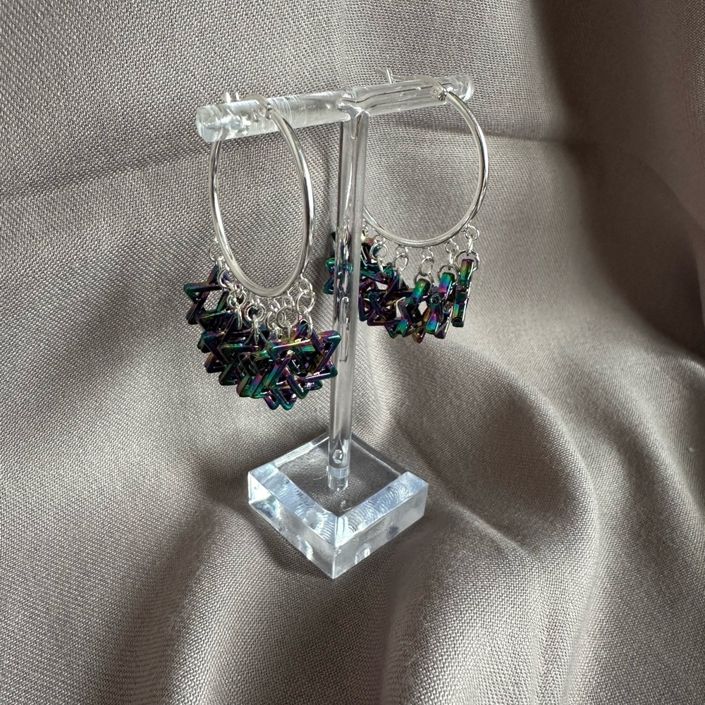 Elegant Silver and Multicolor Star of David Hoop Earrings